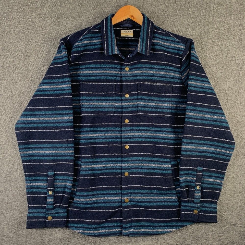 Marine Layer Jacket Men Large Baja Stripe Snap Shirt Jacket Blue Flannel